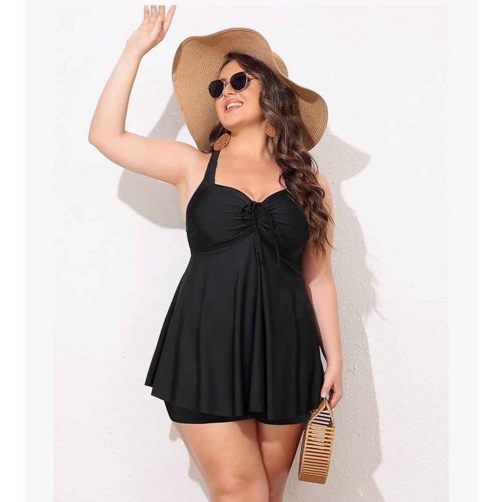 Plus Size Swimsuit Womens Tankini Tummy Control Swim Dress top 24W black